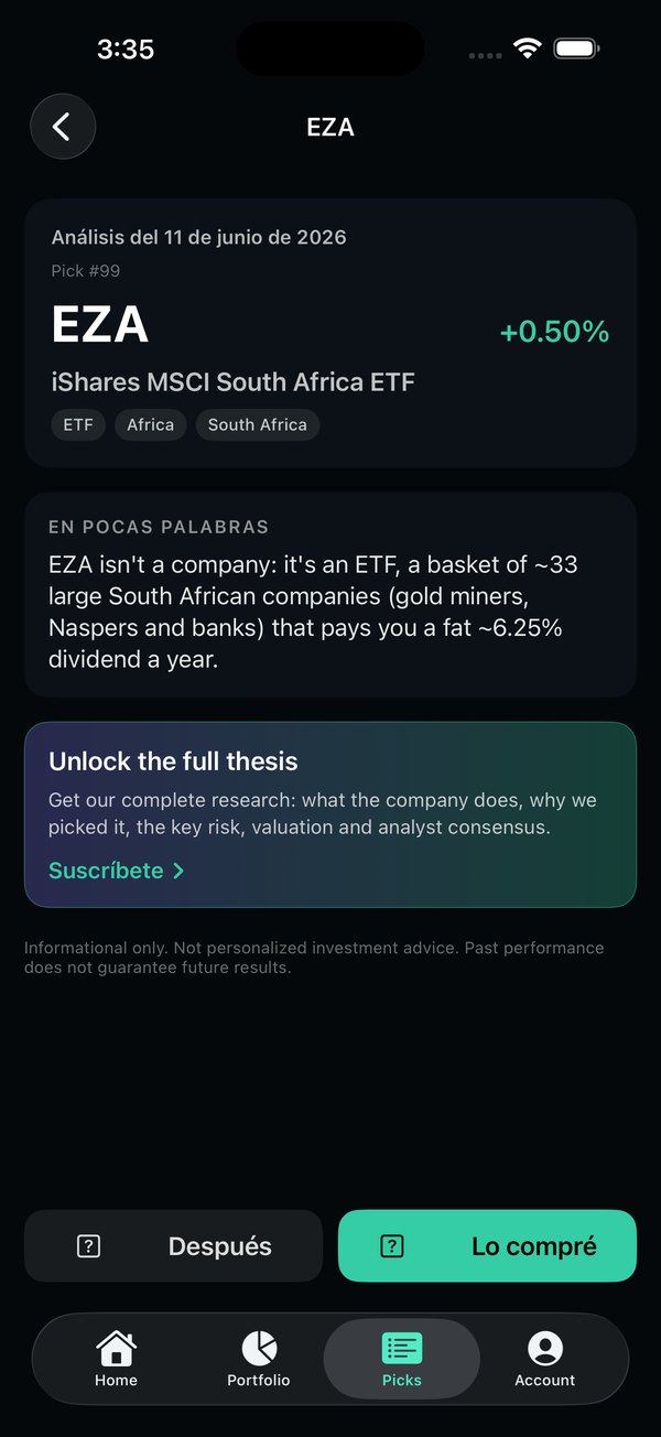 Stock detail screen with a plain-language summary